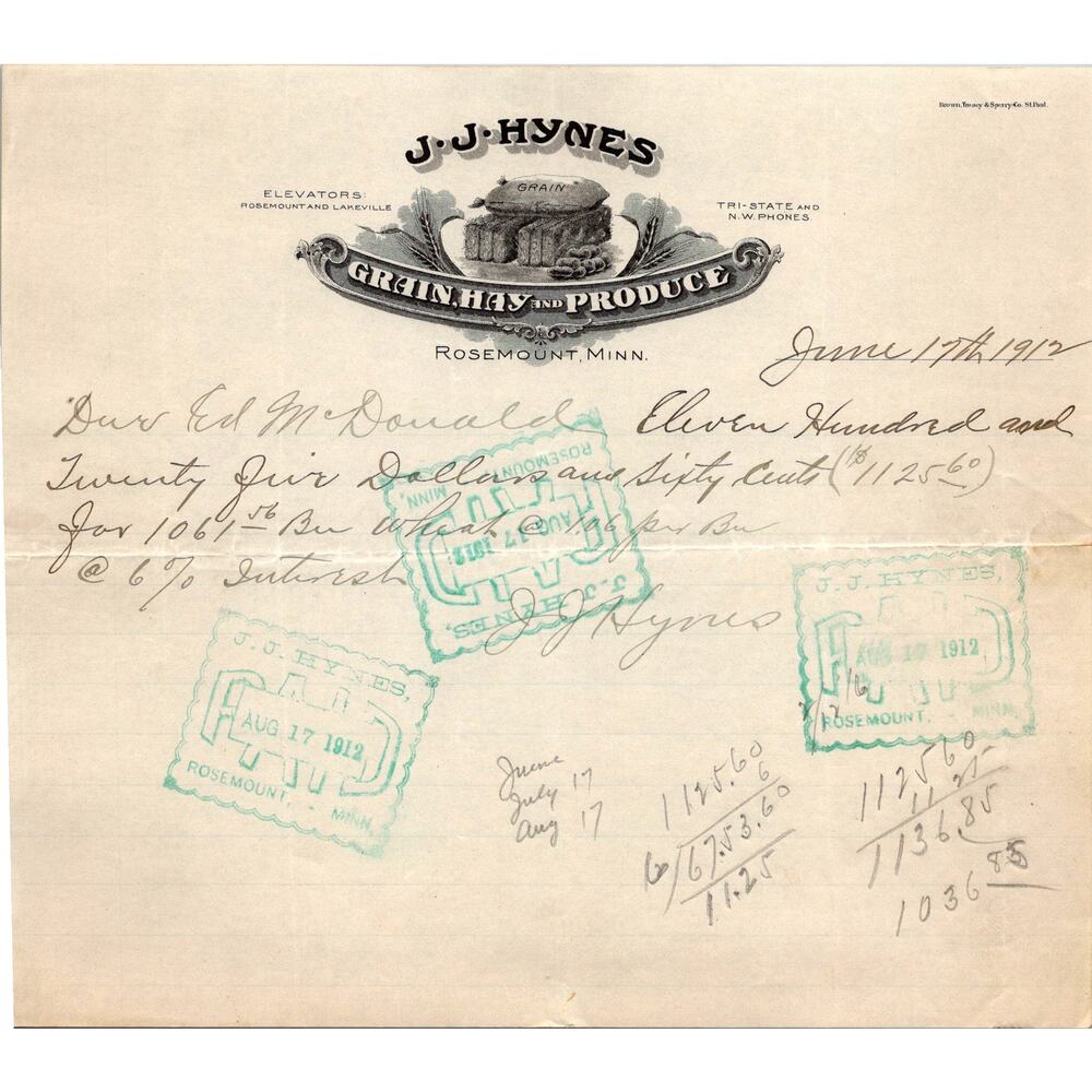 J. J. Hynes Grain Hay Produce 1912 Rosemount MN Antique Letterhead Billhead SK4
